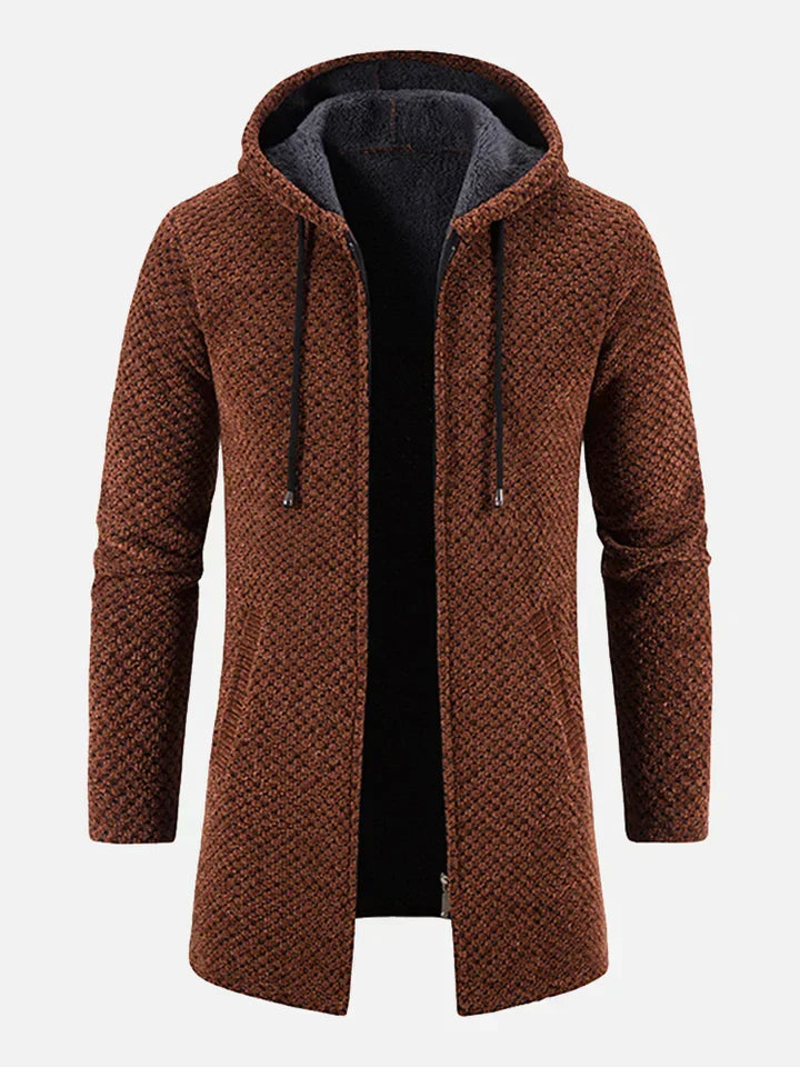 Komfortable Unisex Zip-Up Strickjacke mit Kapuze, warme Freizeitjacke für Damen und Herren in der Wintermode.