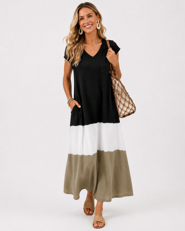 Stilvolles Damenkleid, lang, farbblock, lockere Silhouette, vielseitig für Alltag oder besondere Anlässe.