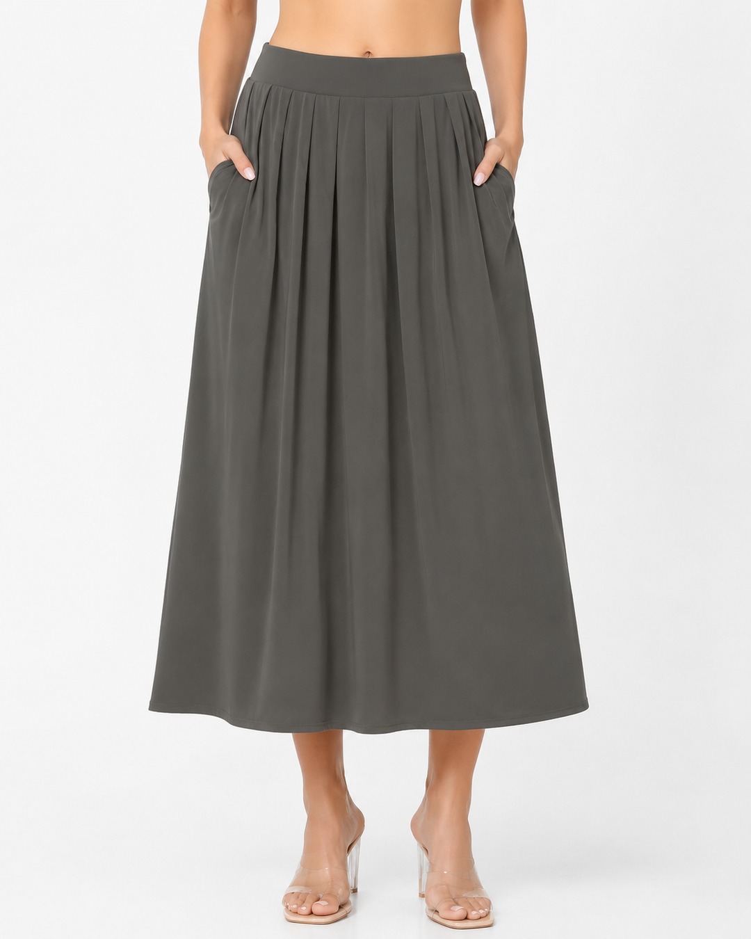 Vielseitiger Damen Midirock für Frühling & Sommer, fließender Stoff, elastisch, elegant für Freizeit und Büro.