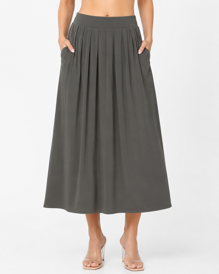 Vielseitiger Damen Midirock für Frühling & Sommer, fließender Stoff, elastisch, elegant für Freizeit und Büro.