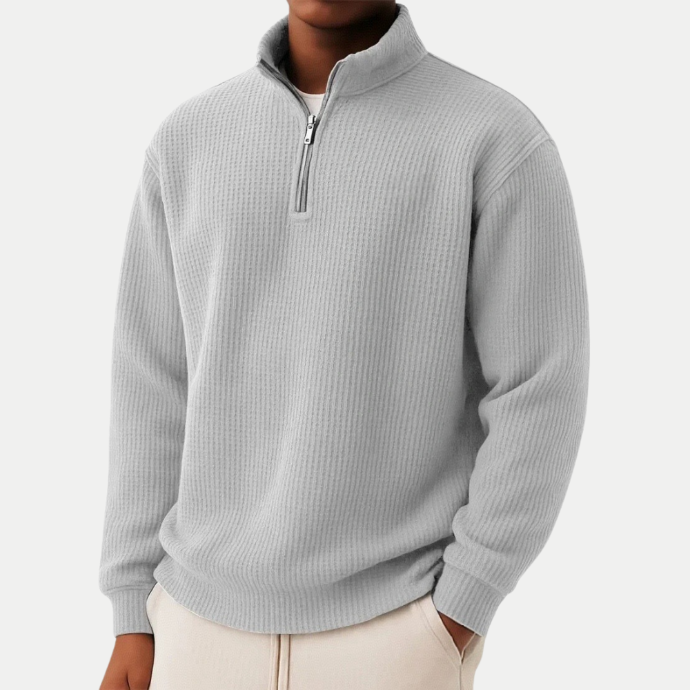 Zeitloser Herren Pullover mit Stehkragen, Langarm und praktischem Front-Reißverschluss.