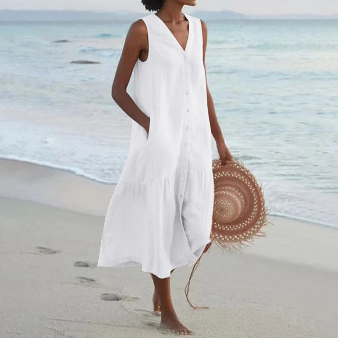 Damen V-Ausschnitt Sommerkleid Elara aus Leinen, elegant & vielseitig. Perfekt für Frühling & Sommer.
