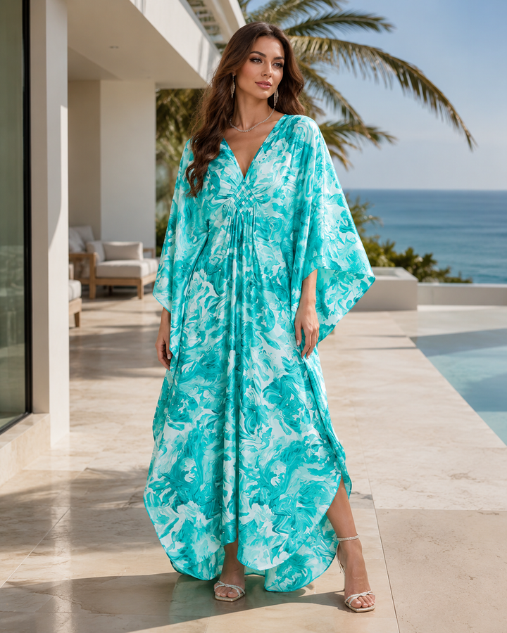 Damen Kaftan Maxikleid, leicht & fließend. Bequemes Strandkleid für Sommer, Urlaub & entspannte Tage. V-Ausschnitt.