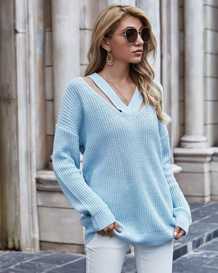 Langer Damen Pullover mit V-Ausschnitt. Eleganter und vielseitiger Langarm-Sweater für Mode.