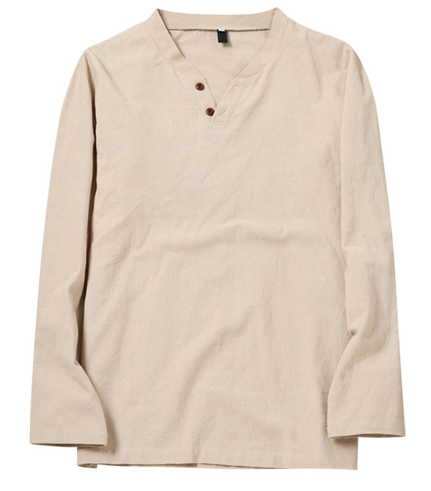 Modisches Herren Langarm V-Ausschnitt Hemd mit Henley-Knopfleiste, ideal für einen bequemen und lässigen Alltagslook.