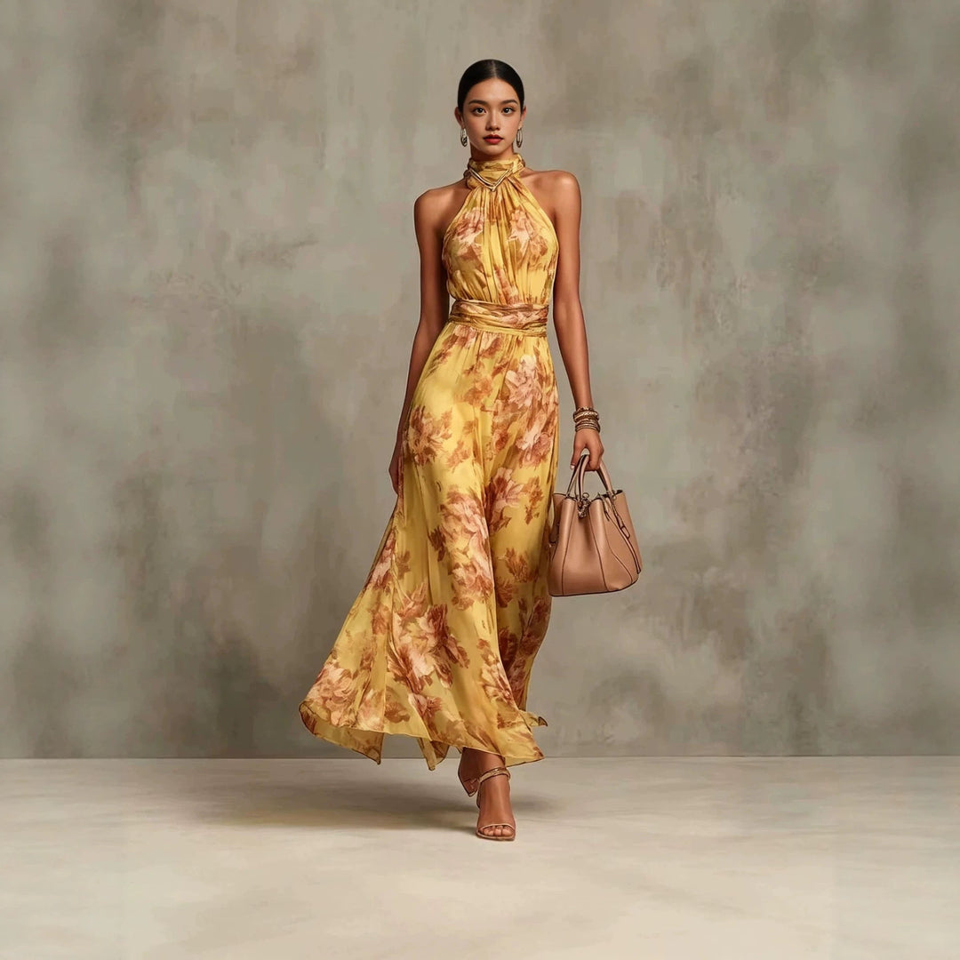Modisches Damen Sommerkleid, bedruckt, Neckholder-Stil und hohem Bund, ideal für Strand & Freizeit.