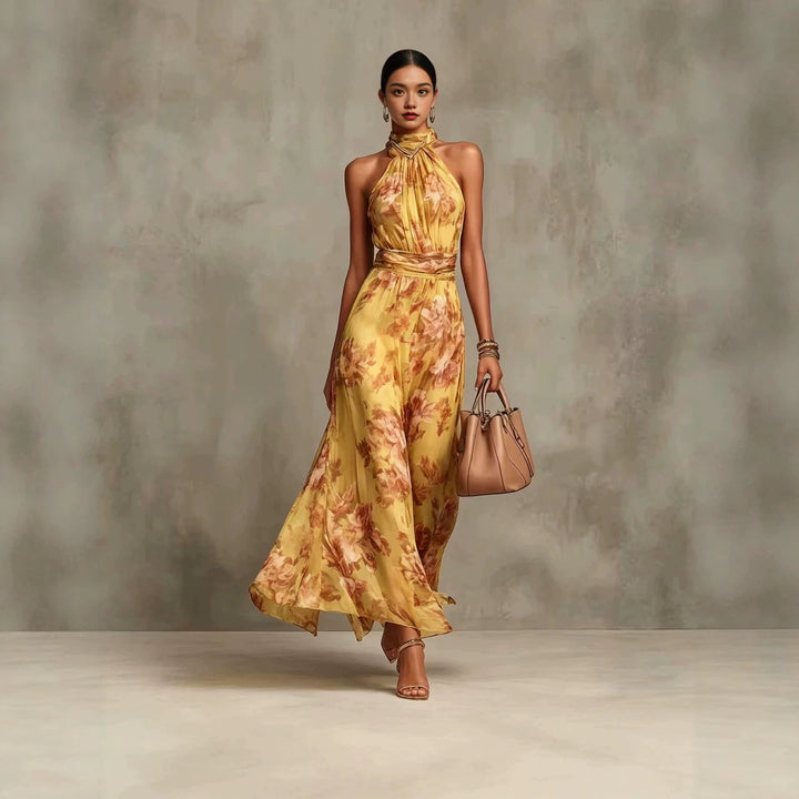 Modisches Damen Sommerkleid, bedruckt, Neckholder-Stil und hohem Bund, ideal für Strand & Freizeit.