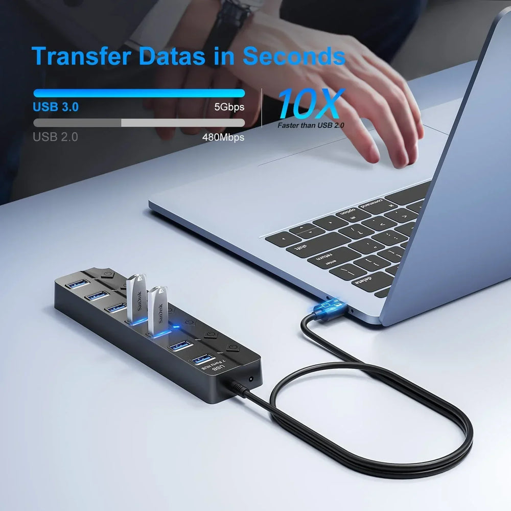PortMaster USB 3.0 Hub: 7-Port Erweiterung mit Ein-/Ausschaltern für PC Peripherie.