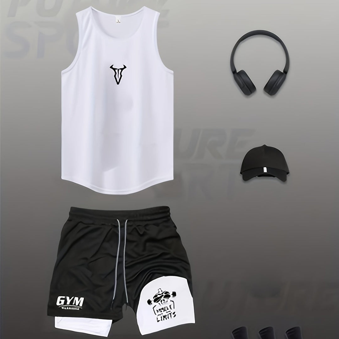 Herren Sportbekleidung für das Gym: Funktionales Tanktop und Shorts im Set.