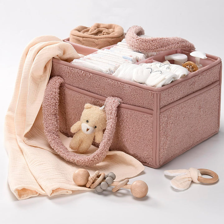 Plüschiger Aufbewahrungskorb für Babywindeln und Wickelutensilien, sehr praktisch.