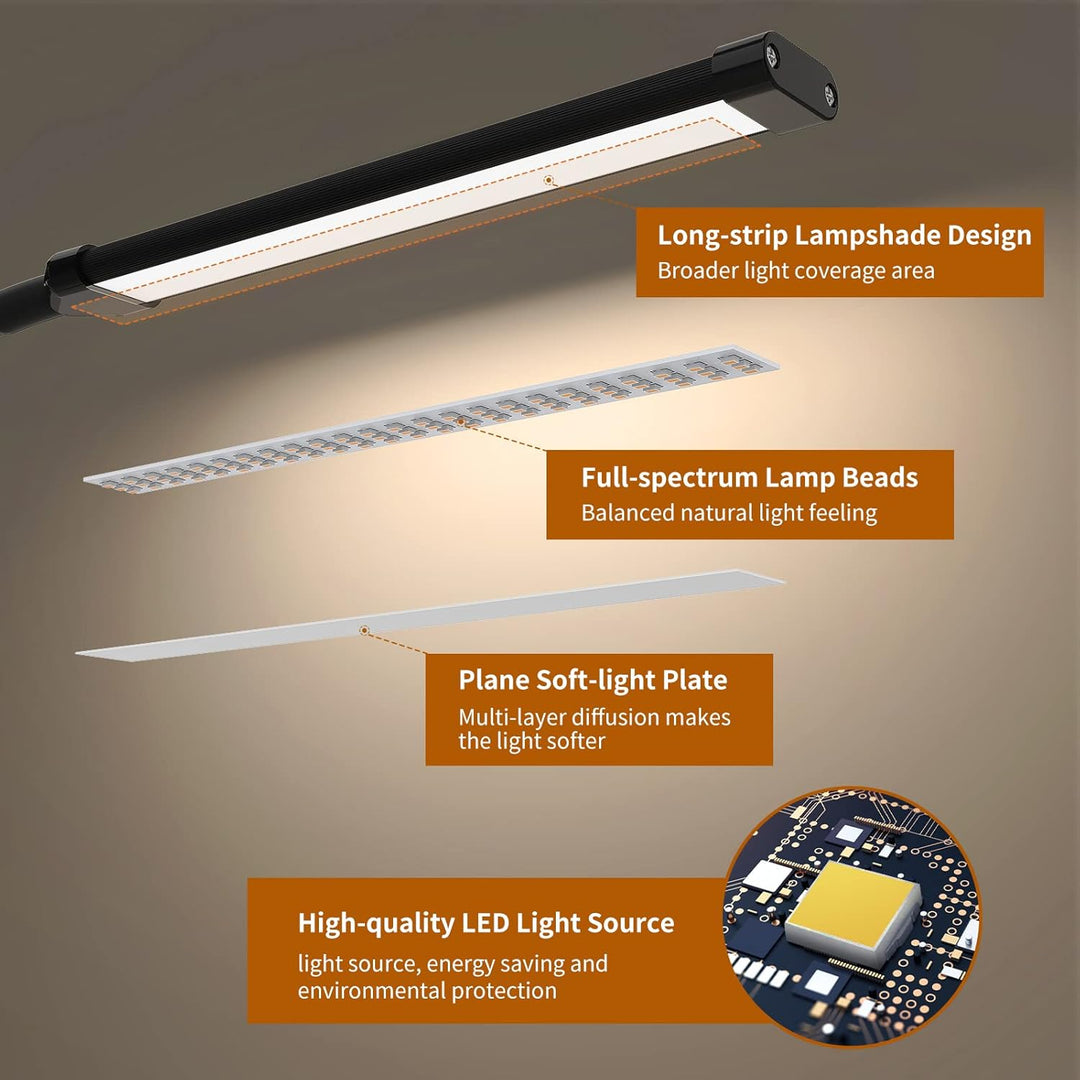 Serava LED Schreibtisch-Klemmlampe am Schreibtisch, flexibel positioniert, augenschonendes, dimmbares Licht.