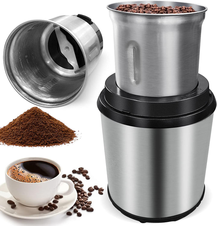 Elektrische Kaffeemühle & Gewürzmühle BrewMate mit abnehmbarem Edelstahlbecher für frischen Kaffee & Gewürze.