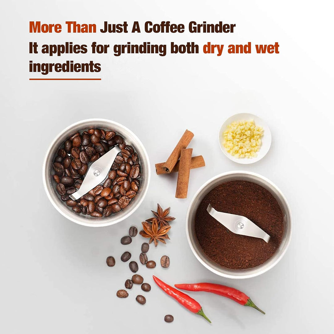 Vielseitige elektrische Mühle für Kaffee, Gewürze. Edelstahlgehäuse mit abnehmbarem Becher für effizientes Mahlen.