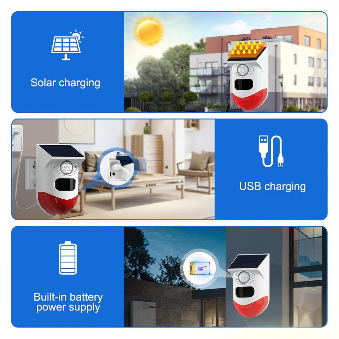Der Feronix Solar-Alarm mit aktiver 120dB Sirene & hellem LED-Stroboskop schreckt Einbrecher ab.