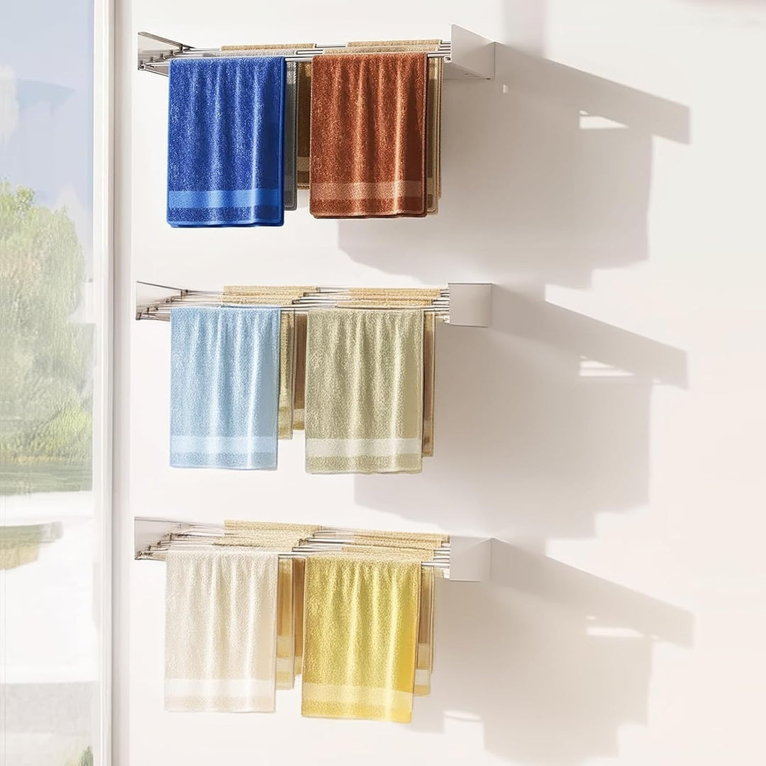Praktischer Wand-Wäschetrockner, klappbar, schafft Ordnung im Waschraum oder Badezimmer.
