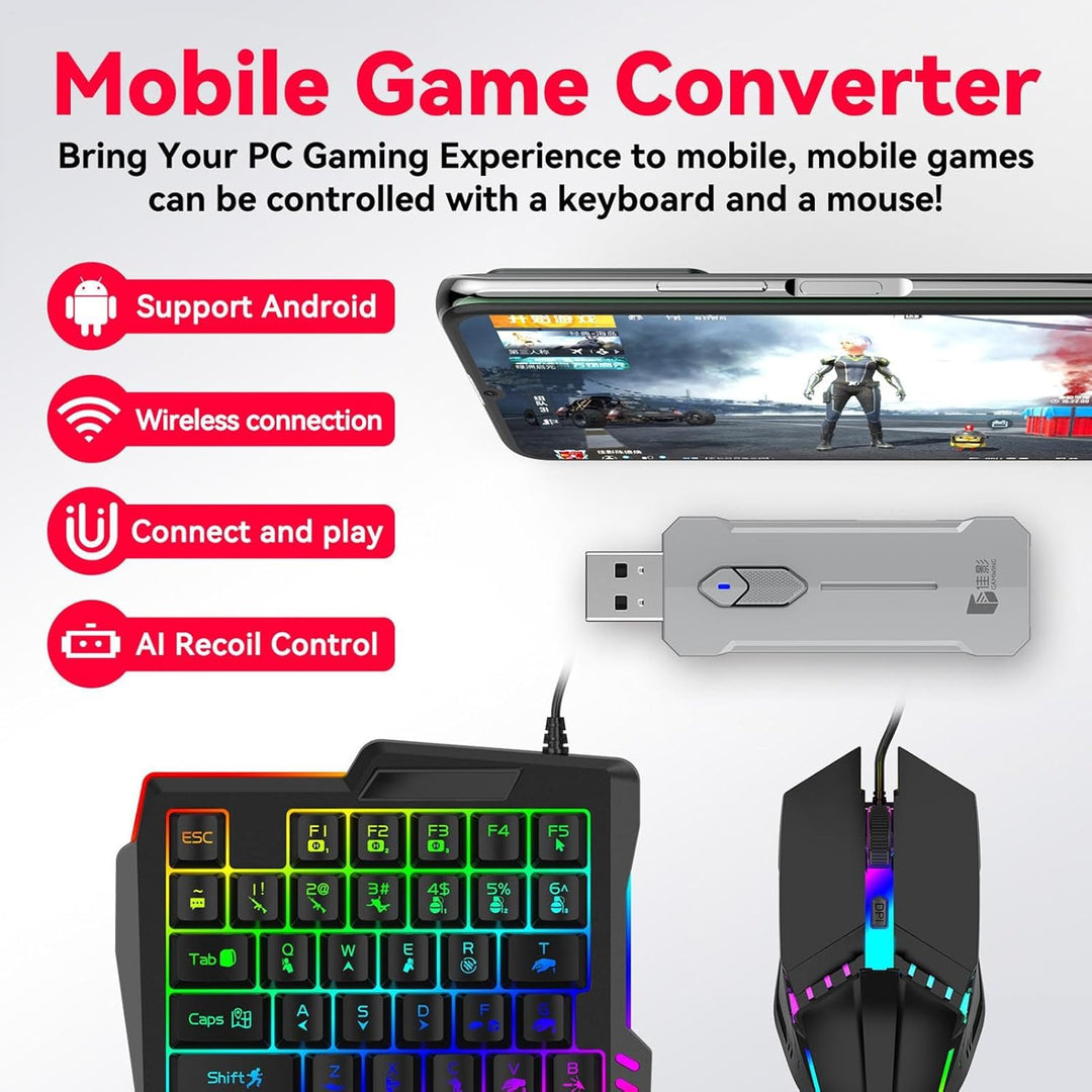 Komplettes RGB Gaming-Set: Tastatur, Maus & Adapter für immersive Spielerlebnisse, optimiert für E-Sports.