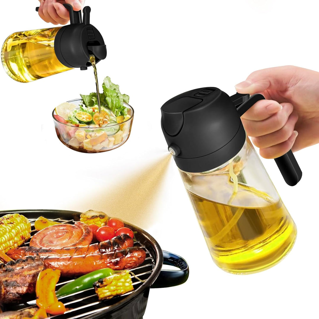 2-in-1 Olivenölspray Glasflasche für präzises Kochen, Grillen & Salate. Gesunder Küchenhelfer Ölspender.