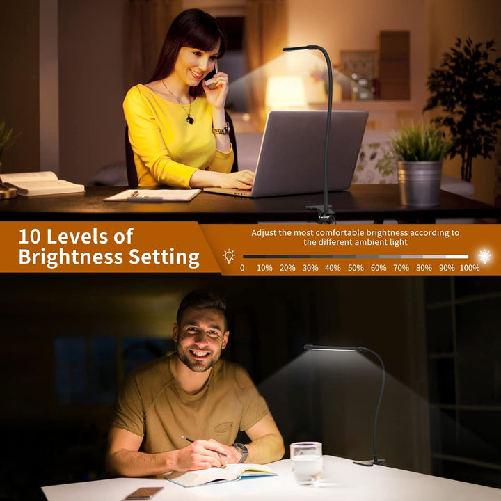 Serava LED Klemmlampe mit robuster Klemme und flexiblem Schwanenhals für präzise Lichtausrichtung am Schreibtisch.