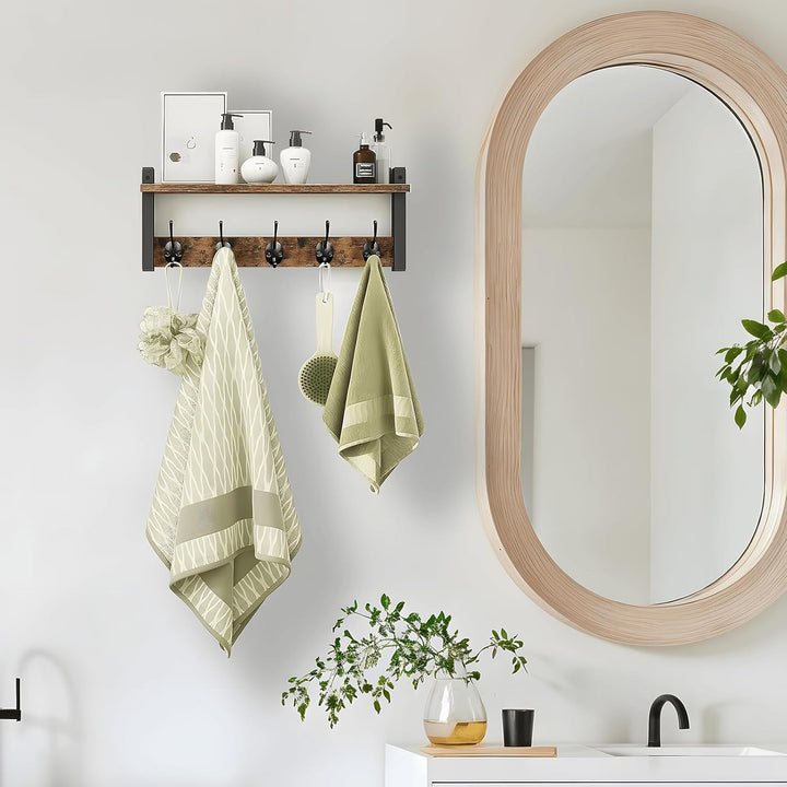 Wandgarderobe in Holzoptik mit 5 Haken und Ablage, modernes Design für stilvolle Aufbewahrung.