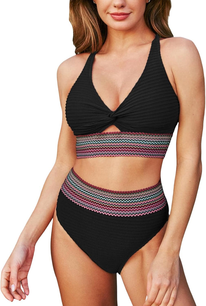 Eleganter Damen Bikini mit Bauchkontrolle, hochgeschnittener Hose und V-Ausschnitt. Perfekt für Strand & Pool.