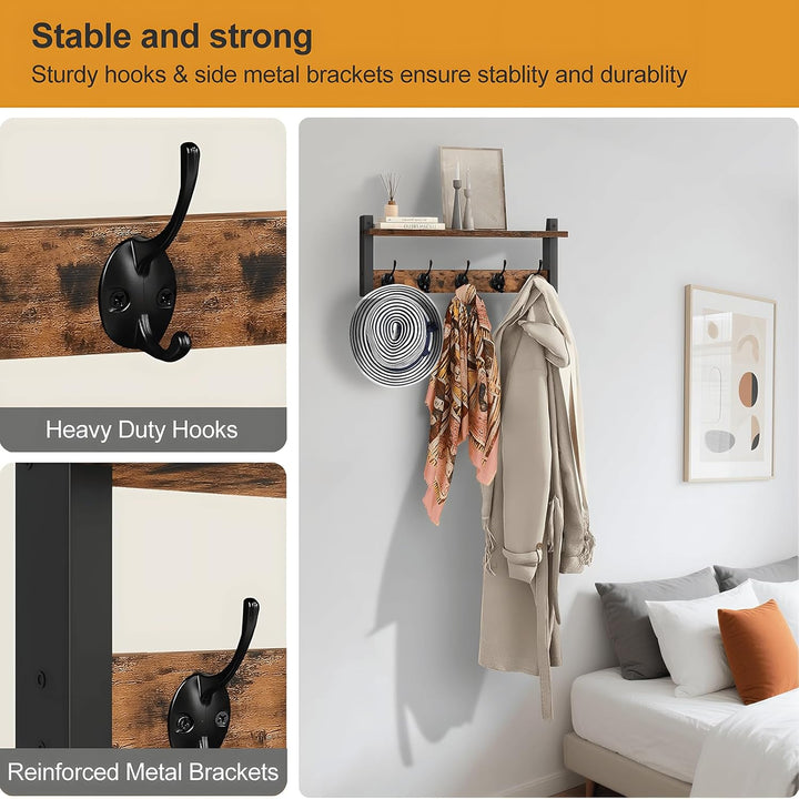 Stilvolle Wandgarderobe mit Holzdesign, Regal und fünf robusten Haken für Flurmöbel.