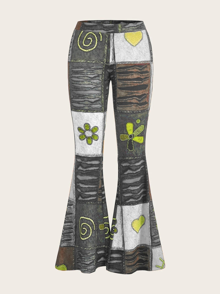 Modische Damenhose im Bootcut-Schnitt mit einzigartigem abstraktem Print. Mittelhoher Bund, Statement-Stil.