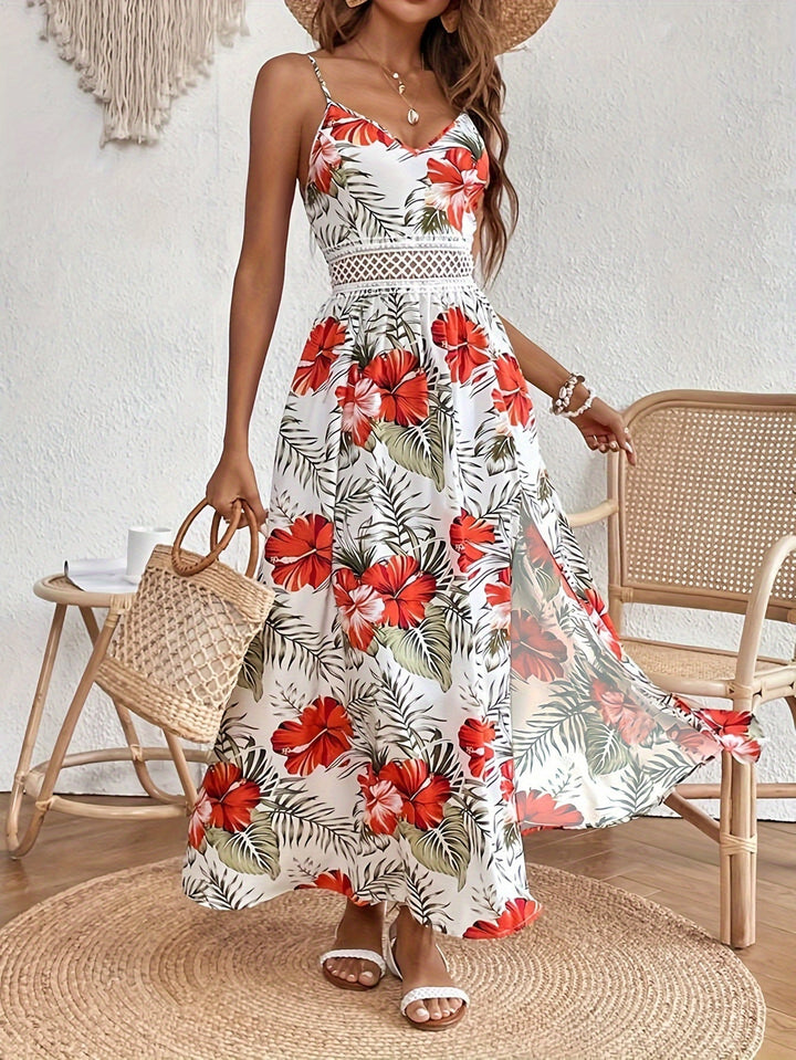 Elegantes Damen Sommer Maxikleid mit Blumenmuster & Spaghettiträgern, ideal für Urlaub & Freizeit.