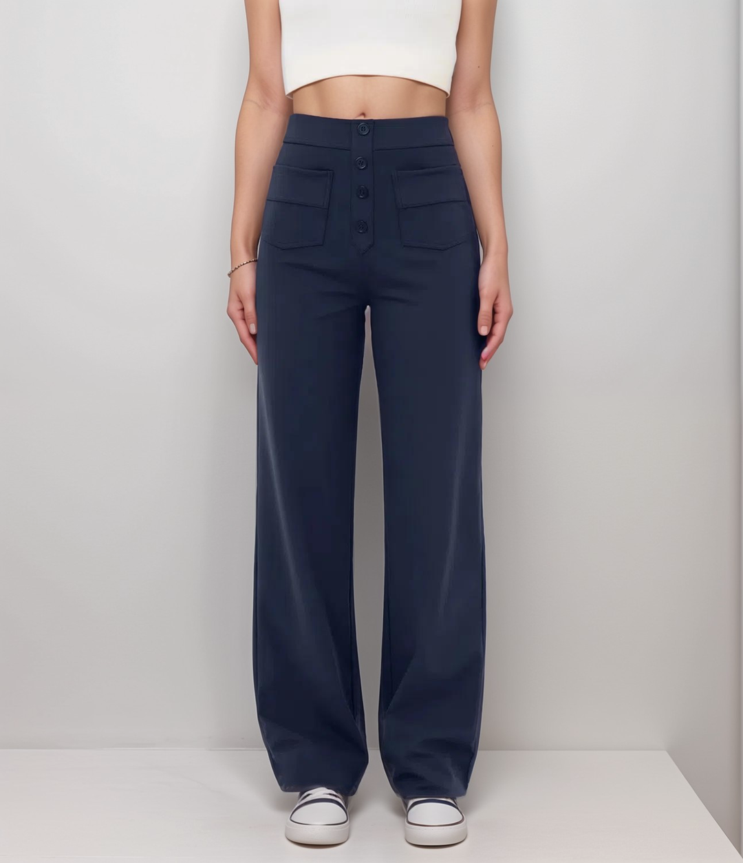 Komfortable High Waist Damenhose, figurformend mit weitem Bein, perfekt für den Alltag.