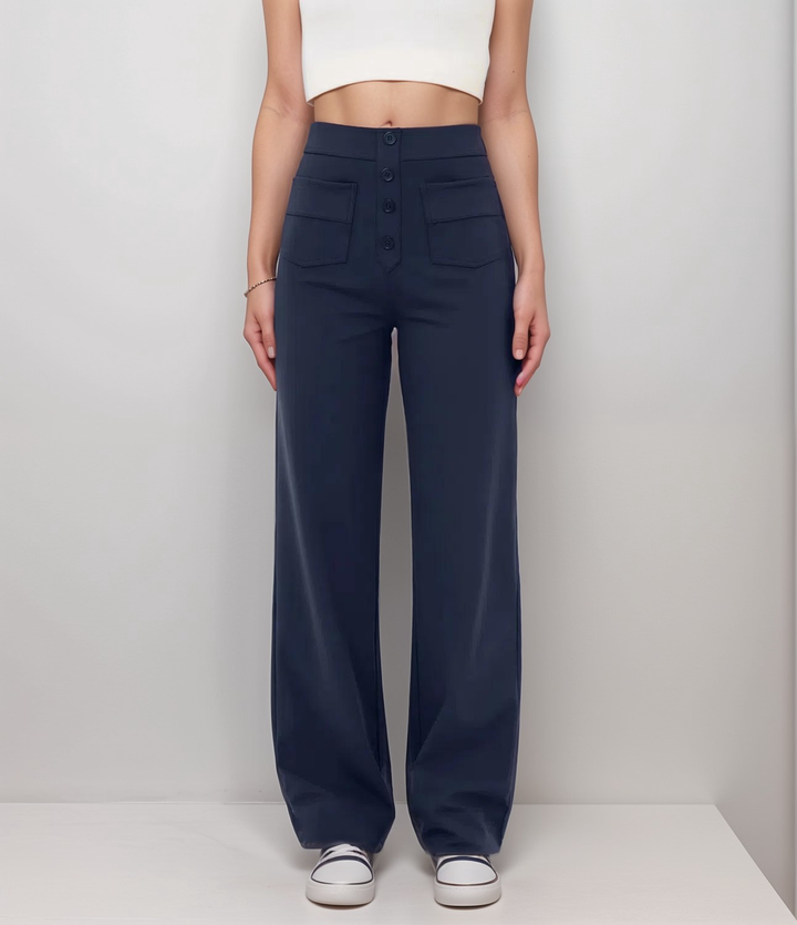 Komfortable High Waist Damenhose, figurformend mit weitem Bein, perfekt für den Alltag.