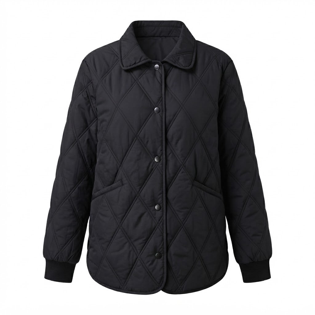 Stilvolle Damen Steppjacke: Leichte Oberbekleidung mit Rautenmuster, lockerem Schnitt und Druckknöpfen.