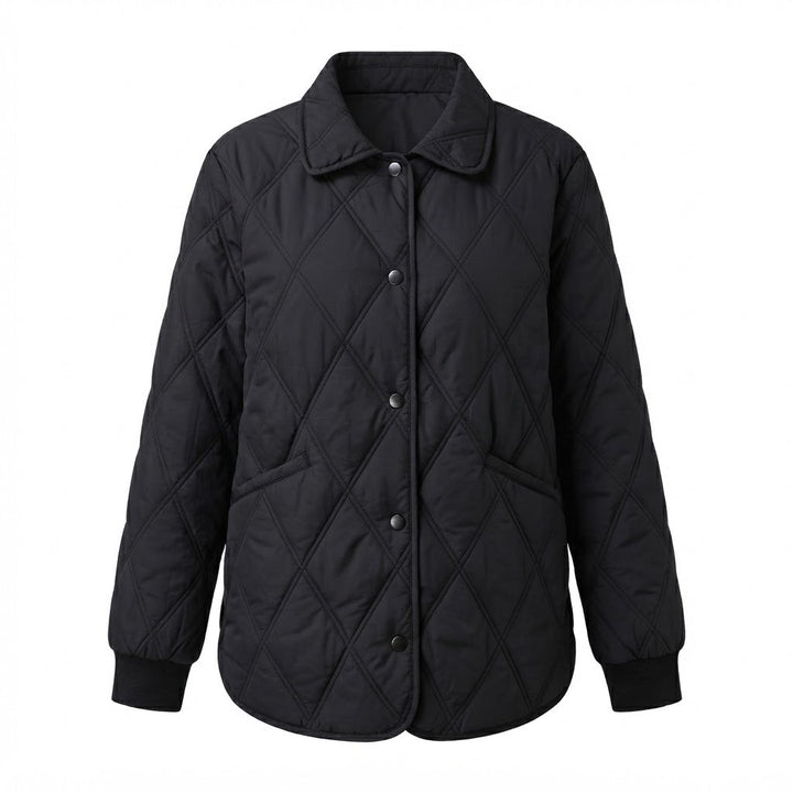 Stilvolle Damen Steppjacke: Leichte Oberbekleidung mit Rautenmuster, lockerem Schnitt und Druckknöpfen.