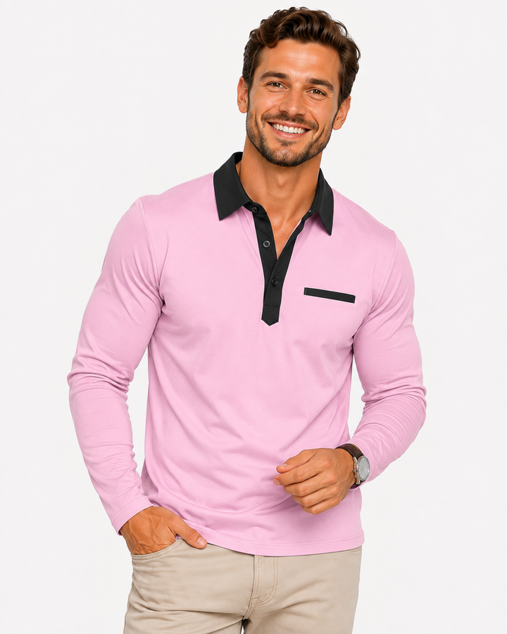 Herren Casual Langarm-Pullover mit Kontrastkragen für Frühling. Bequemes lose-fit Oberteil, stilvolle Herrenmode.