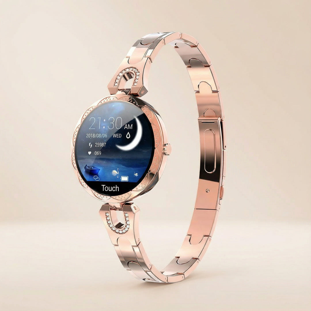 Elegante Damen Smartwatch mit Touchscreen, wasserdicht (IP67), ideal für Fitness und Alltag.