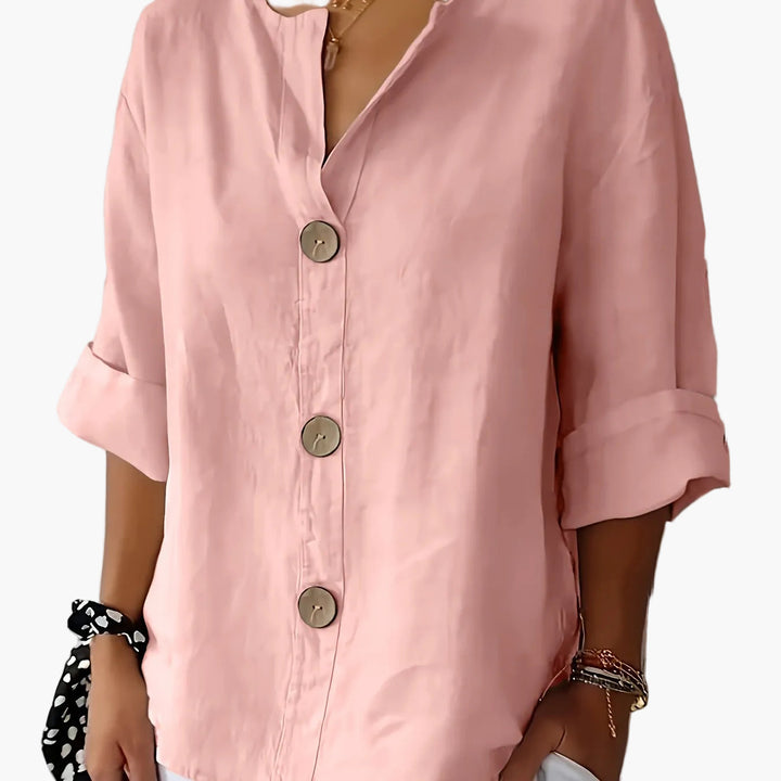 Stilvolle Damen Bluse mit 3/4-Ärmeln und Knopfleiste, ein Must-have für Frühling/Sommergarderobe.