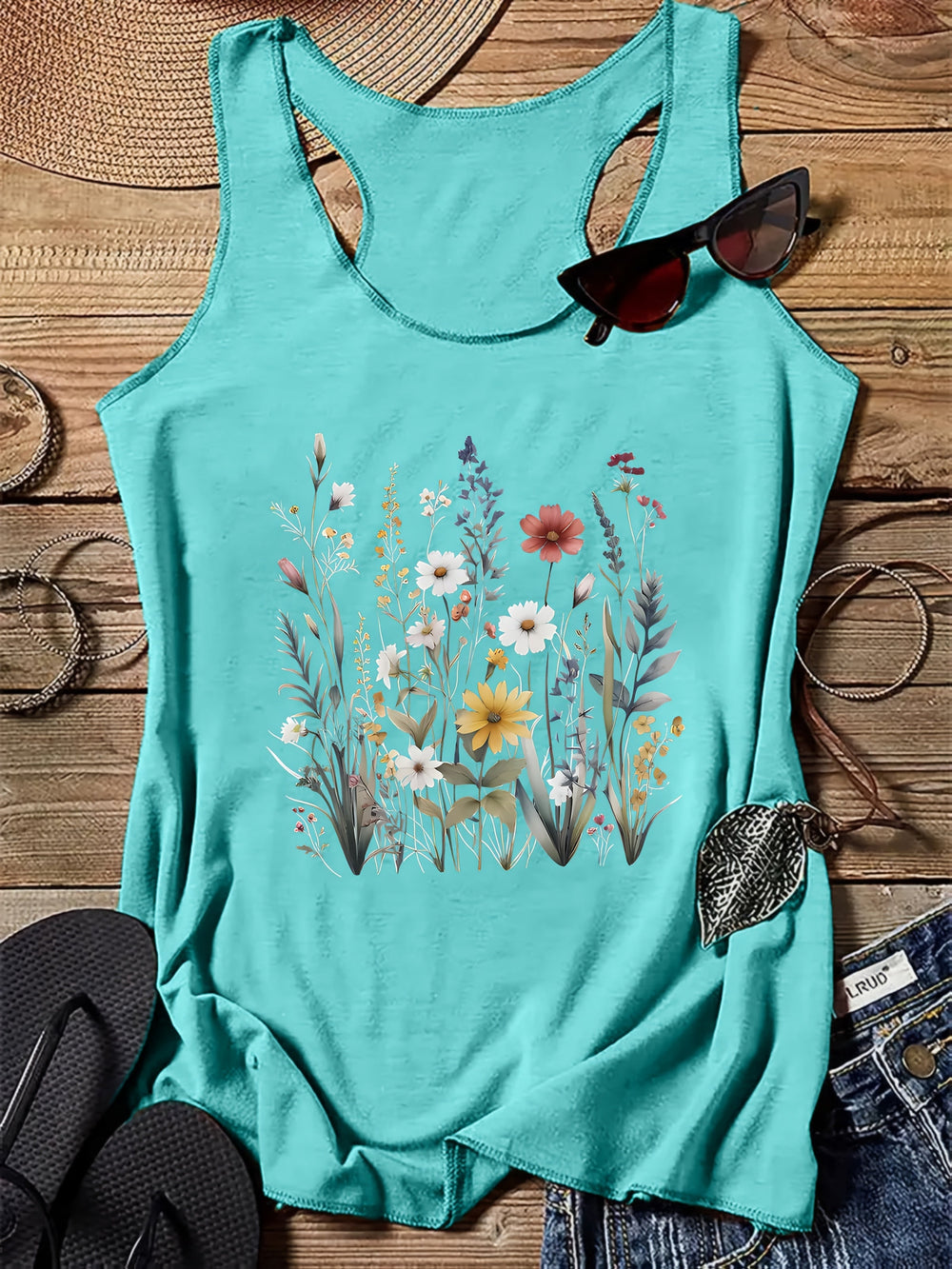 Ärmelloses Damen Tanktop mit farbenfrohem Wildblumenprint, ideal für Sommer & Freizeit.