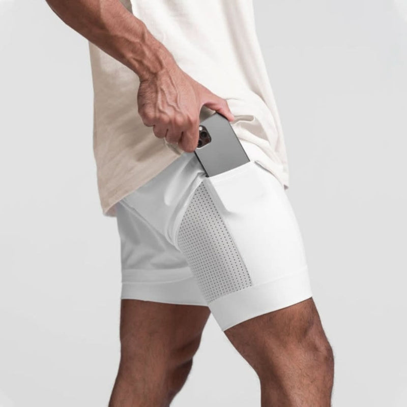 Stilvolle Herren 2-in-1 Sportshorts für Sommer und Fitnessstudio, bieten Komfort und Atmungsaktivität.