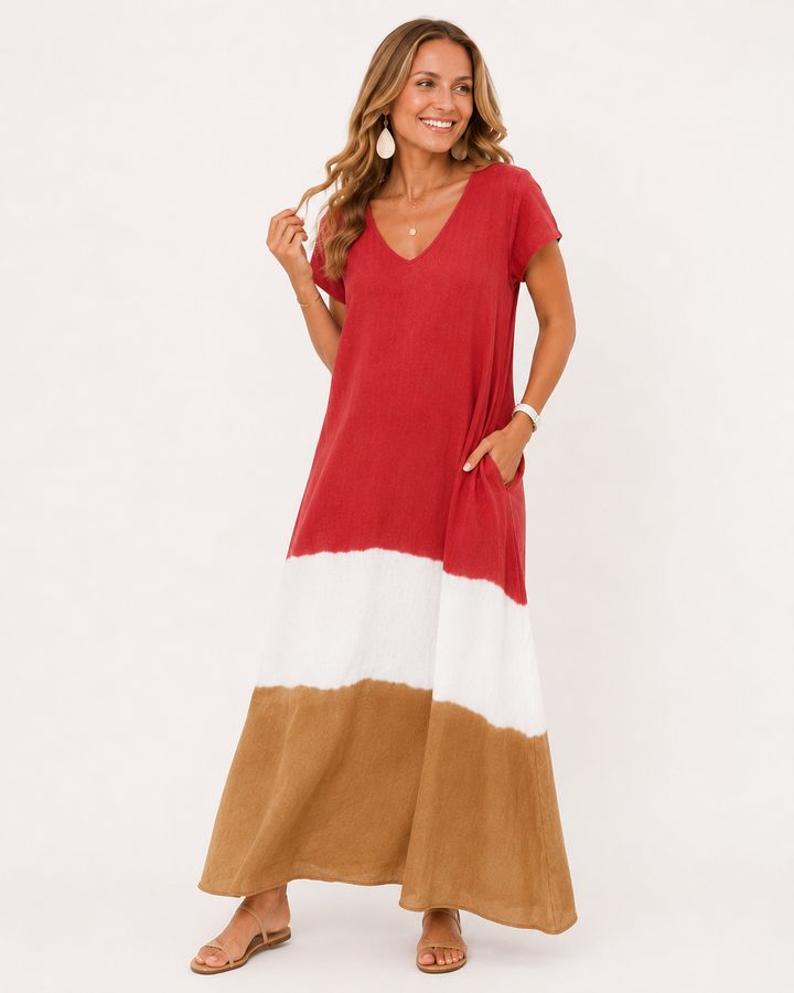 Damen Maxikleid mit Farbblock-Design, lockere Passform, elegant für Sommer & Urlaub.