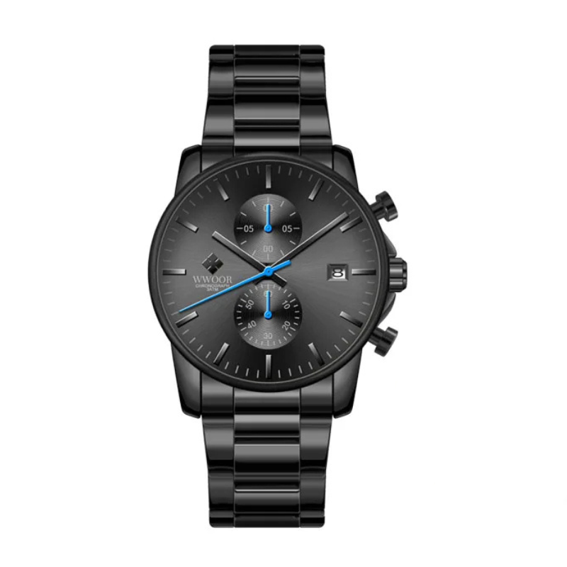 Stilvolle schwarze Herren Business Uhr aus Edelstahl, eleganter Chronograph für jeden Anlass.