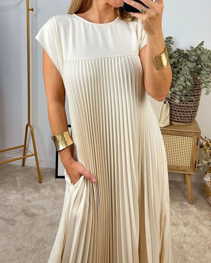 Bequemes Damen Maxikleid, plissiertes langes Sommerkleid, elegant, Rundhals, Capsleeves.