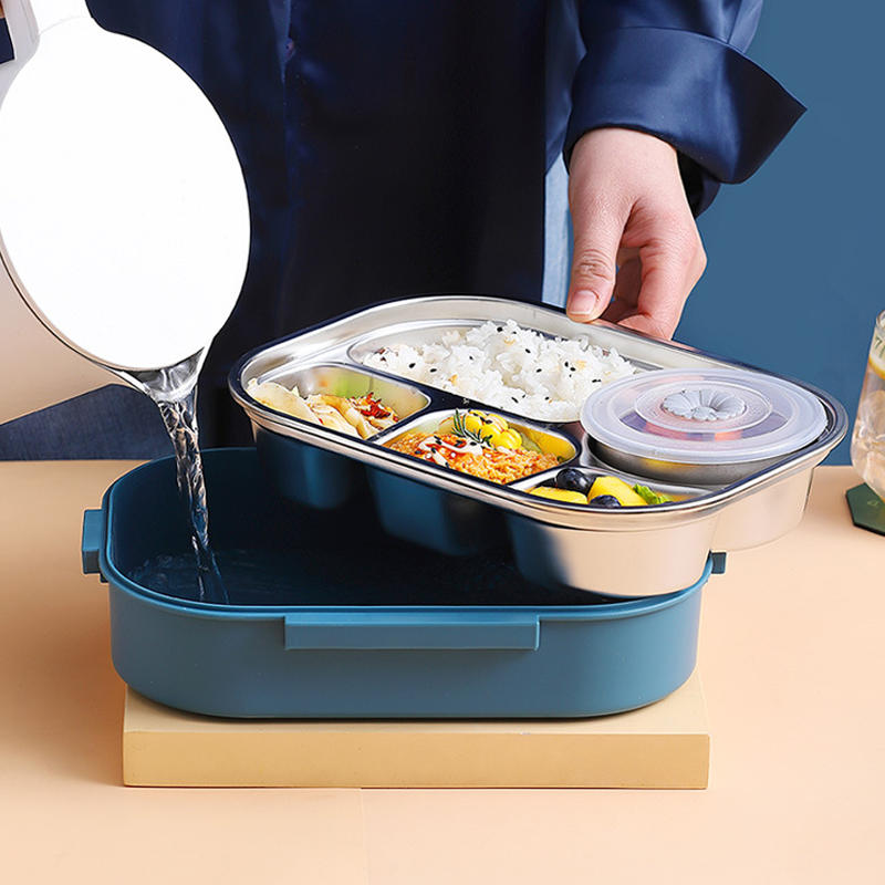 Praktische Edelstahl-Thermo-Lunchbox mit mehreren Fächern, perfekt für die tägliche Mahlzeit.