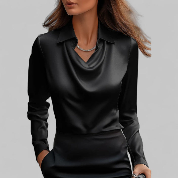 Klassische Damen Bluse, Langarm, mit edlem Wasserfallausschnitt. Perfekt für Büro, Party & festliche Anlässe.
