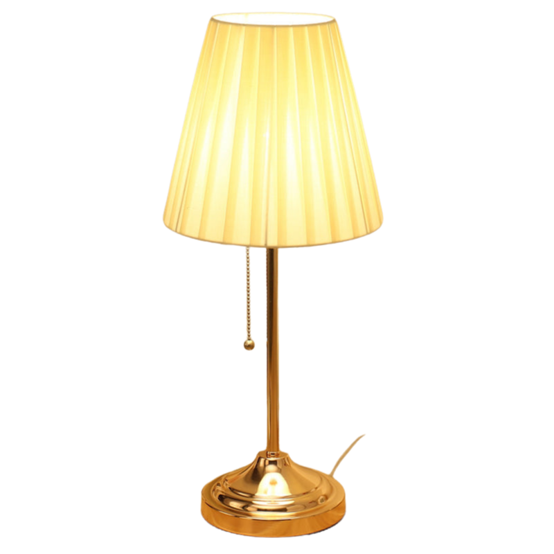 Elegante Tischlampe mit klassischem Empire-Stoffschirm und praktischer Zugkette für Schlafzimmer- oder Wohnzimmerambiente.