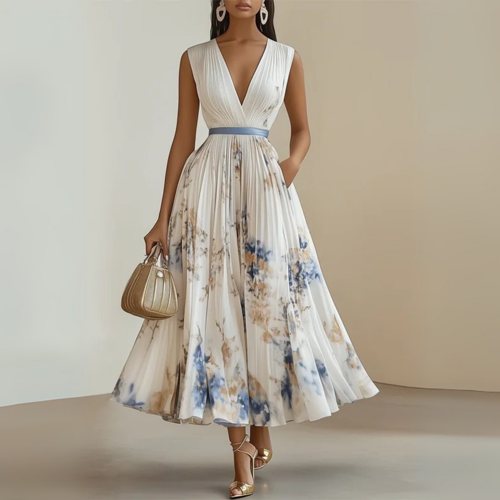 Elegantes Damen Maxikleid ärmellos. Fließender Stoff ideal für festliche Anlässe und Sommerpartys.