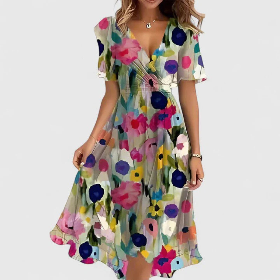 Ansicht: Fließendes Damen Midi-Kleid mit floralem Muster und V-Ausschnitt. Feminines Sommerkleid.