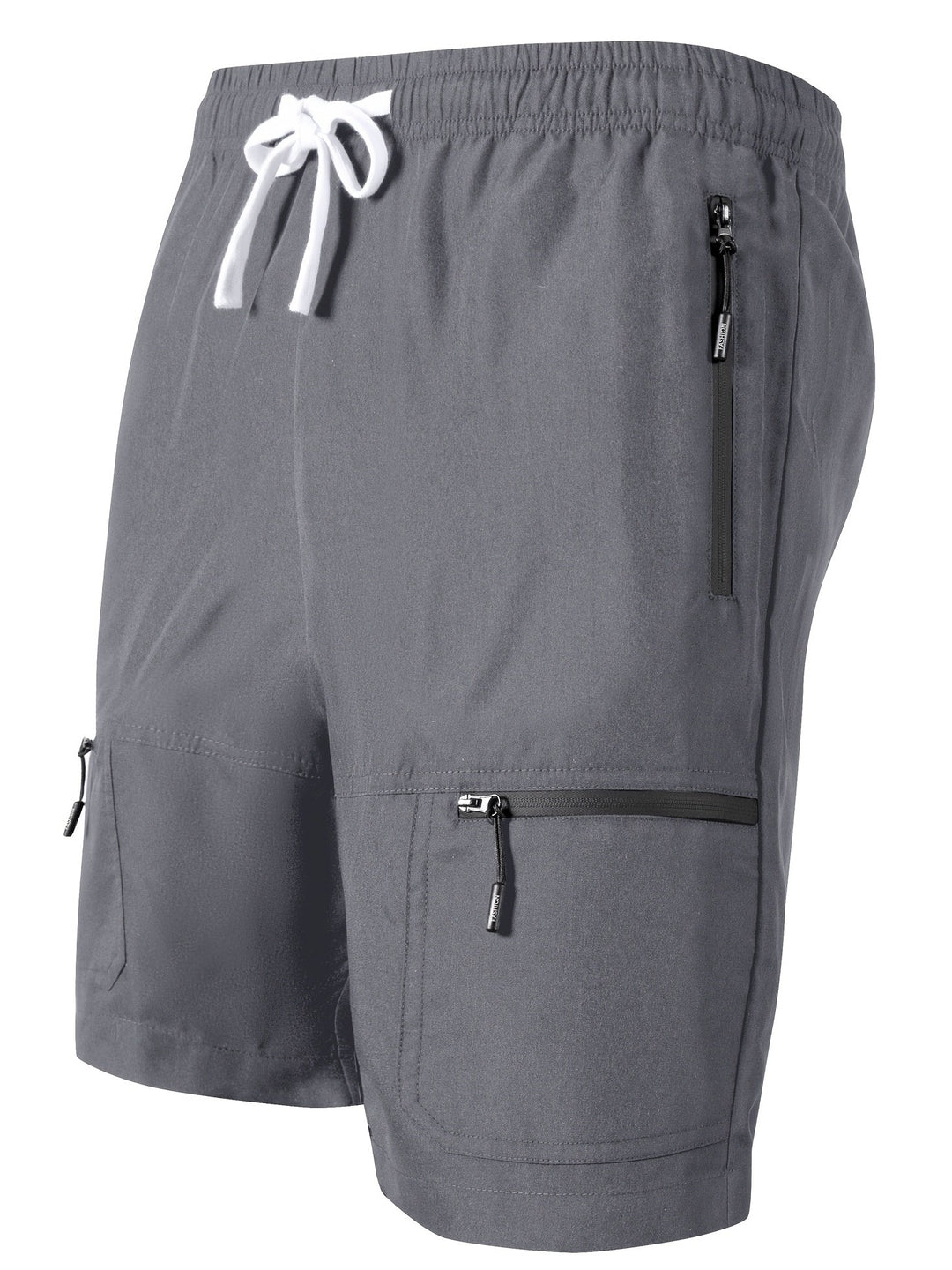 Graue Herren Sportshorts mit Kordelzug & Reißverschlusstaschen. Ideal für Training, Fitness & Freizeit.