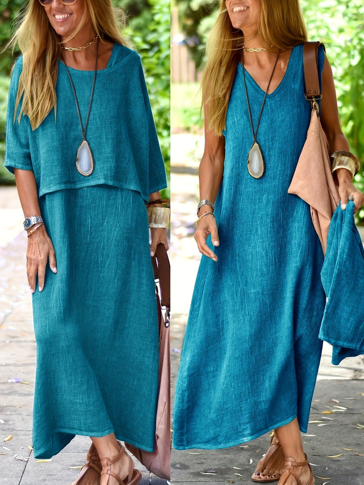 Stilvolles Damen Boho Set, langes Sommerkleid & Überwurf, ideal für Urlaub & Freizeit.