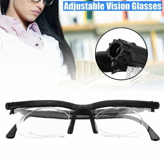 Detailaufnahme der unisex verstellbaren Brille aus Polycarbonat, zeigt den Fokus-Anpassungsmechanismus.