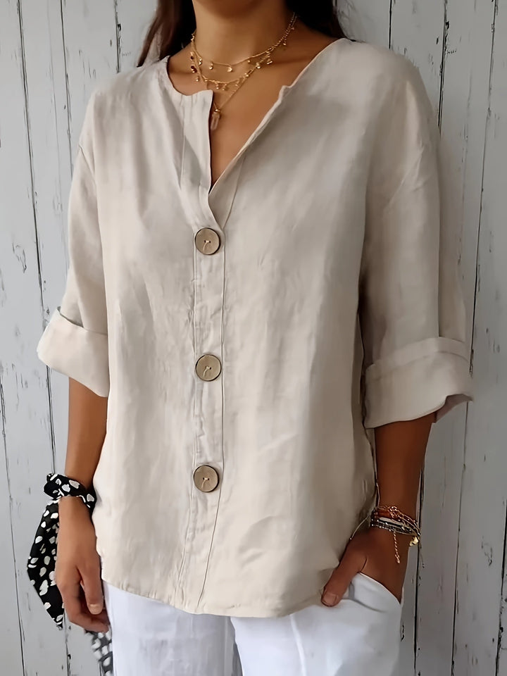 Elegante Damen Bluse mit 3/4-Ärmeln und Knopfleiste, ideal für den stilvollen Büro-Look.