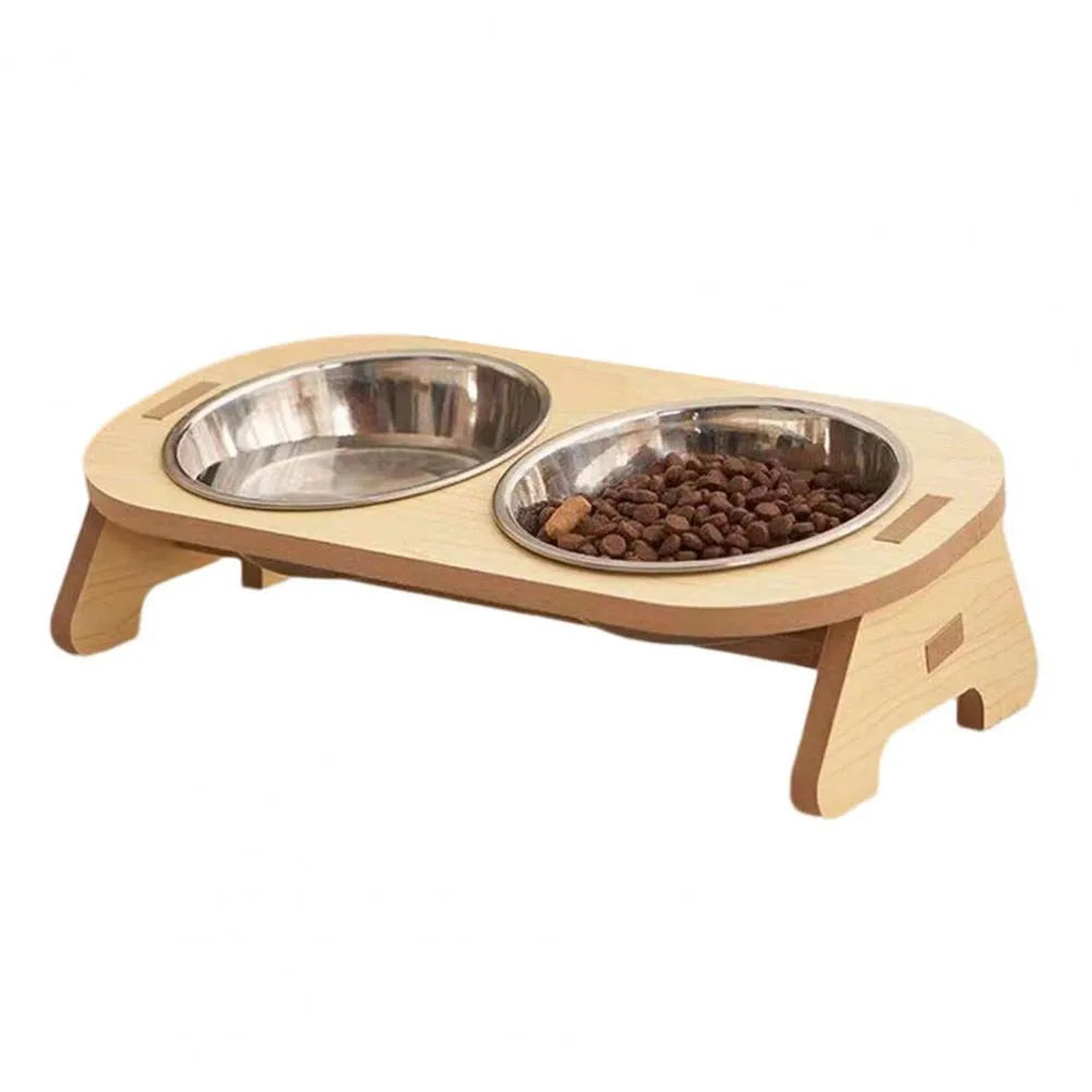 Doppel Futternapf aus Holz mit zwei Edelstahlnäpfen für Hunde & Katzen. Robustes Tierzubehör im Naturdesign.