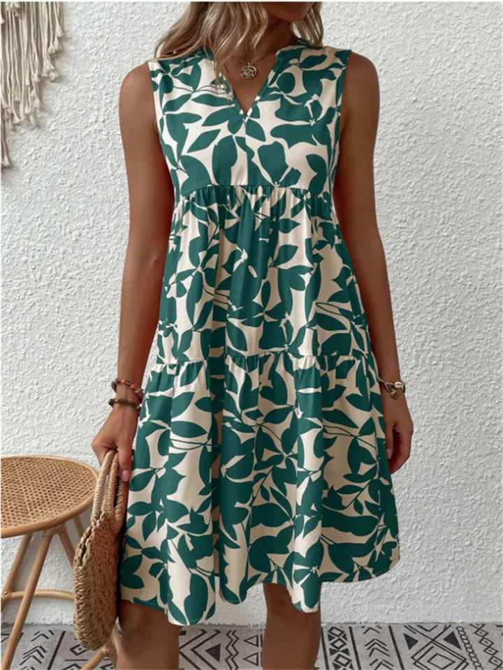 Elegantes Damen Sommerkleid mit V-Ausschnitt, A-Linie & farbigem Blumenmuster; perfekt für Freizeit & Strand.